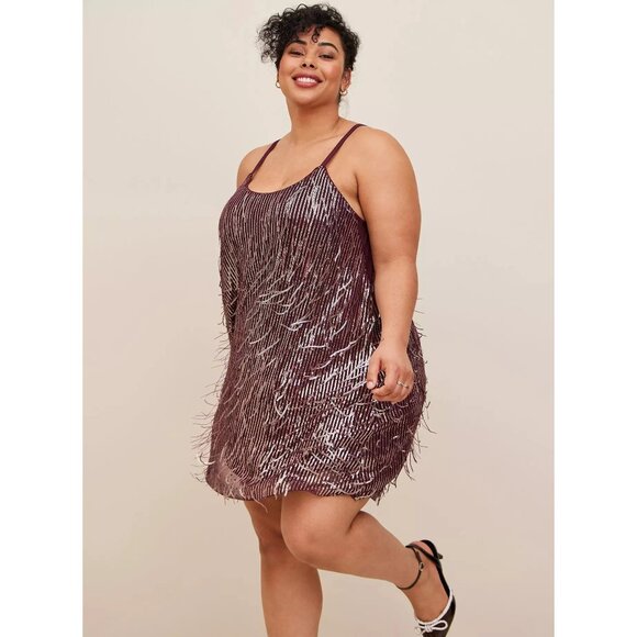 Torrid Burgundy Sequin Fringe Sleeveless Party Dress Size 3 - Picture 1 of 6